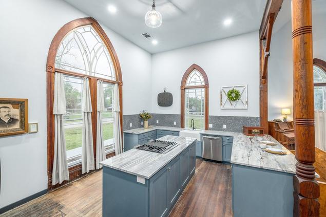 Renovated church kitchen with penny tile